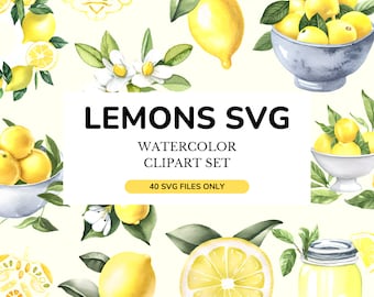 40 SVG Watercolor Lemons Clipart, Lemon SVG, Lemonade, Blossom Floral Summer Clipart, Wreath, SVG Bundle, Instant Download Commercial Use
