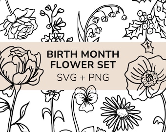 12X Birth Month Flower SVG PNG Bundle, Birthday flowers, Wildflower svg, Flower Clipart, Botanical svg, Floral svg, Daisy svg, Poppy svg png