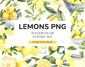 40 aquarel citroen clipart, citroen PNG, limonade, bloesem bloemen zomer illustraties, citroen branche, PNG bundel, Instant Download commercieel gebruik
