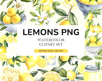 40 imágenes prediseñadas de limones en acuarela, limón PNG, limonada, imágenes prediseñadas florales de verano, rama de limón, paquete PNG, descarga instantánea para uso comercial.