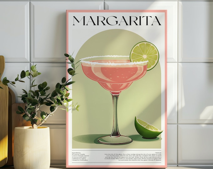Margarita-Cocktail-Druck, Küchen-Bar-Getränk-Poster, Home-Bar-Zubehör, Mixologie-Rezept, Geschenk für Cocktail-Liebhaber, Wandkunst, Esszimmer