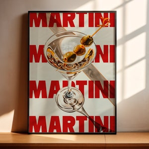Wydruk Martini, Modna sztuka alkoholowa, Prezent Martini, Wydruk na wózek barowy w stylu retro, Brudna sztuka Martini, Plakat Martini, Wyświetlacz baru kuchennego, Koktajl