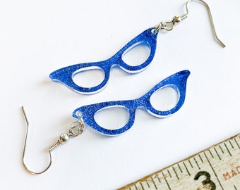 Blue Glitter Acrylic Laser Cut Cat Eye Glasses Earrings