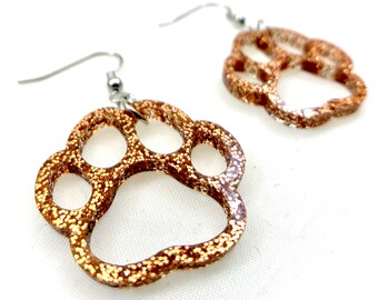 Copper Glitter Dog Paw Drop Earrings