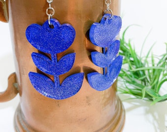 Royal Blue Glitter Floral Laser Cut Earrings