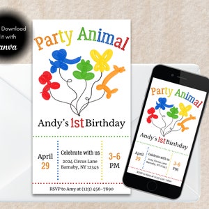 Party Animal Balloon Evite, Party Animal Birthday Digital Invitation, Editable Digital Download, Party Animal Birthday, Mobile Invite