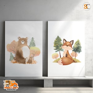 Bear & Fox Nursery Canvas Prints: Woodland Animal Decor, Set of 2