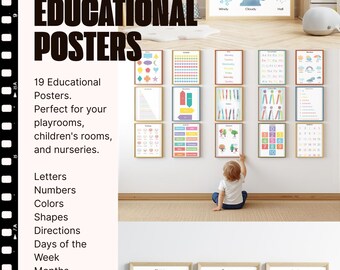 Homeschool Poster Print Set, Montessori Classroom Decor, ABC Boho Toddler Room Decor, Educational Shapes