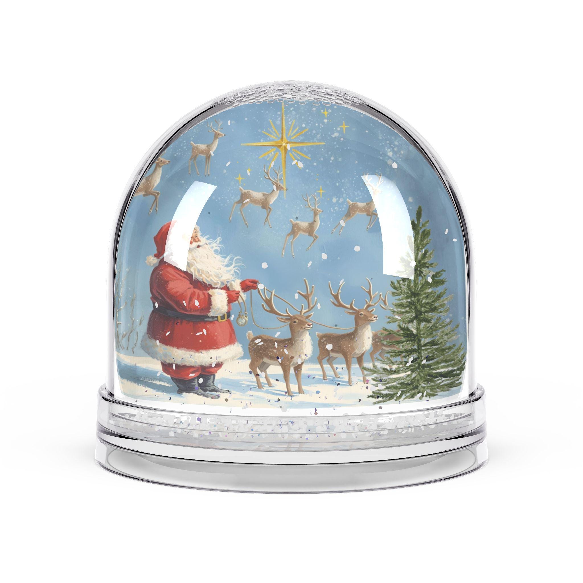 クリスマス スノードーム サンタとトナカイ サンタとトナカイのスノードーム - お祝いのクリスマスデコレーション