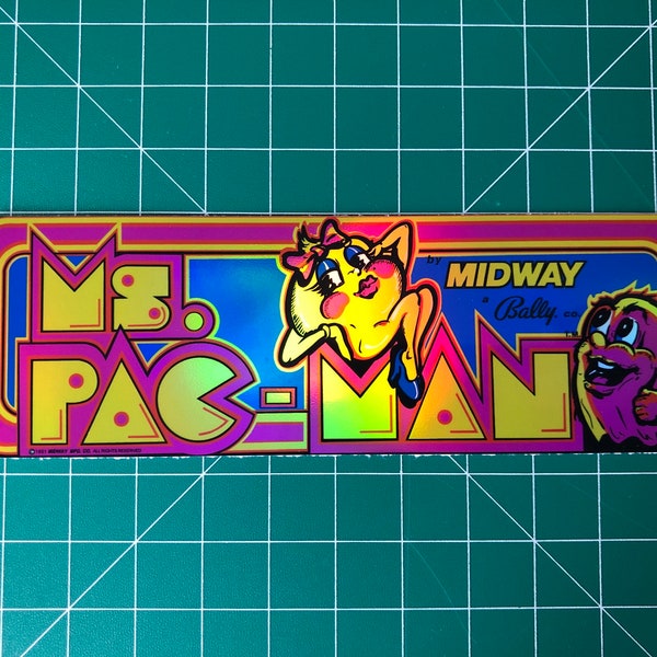 Ms. Pac-Man Arcade Marquee Sticker 1.85x5.65” Glossy Decal Holographic Rainbow Vinyl