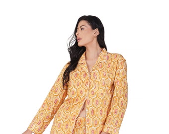 Sunrise Blossom: 3-Piece Yellow Red Block Print Pajama Set