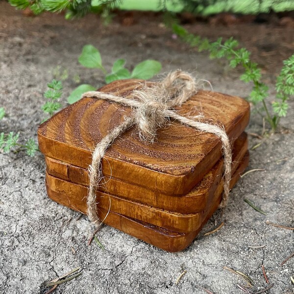 Handmade Wooden Rustic Coaster Set of 4 - Tableware Coasters - Housewarming Gifts - Antique Walnut