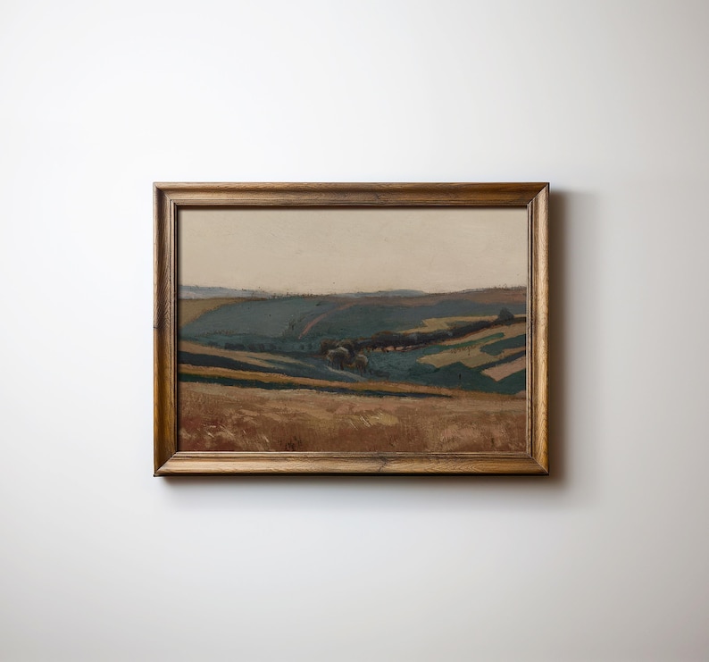 Vintage Moody Landscape Wall Art, Cottagecore Meadow Oil Painting Print, Neutral Cottagecore Fine Art Print, Apartment Decor image 6