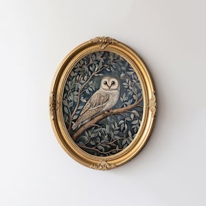 Impresión de pintura al óleo de búho: arte mural de bosque otoñal neutro, decoración del hogar estilo cottagecore