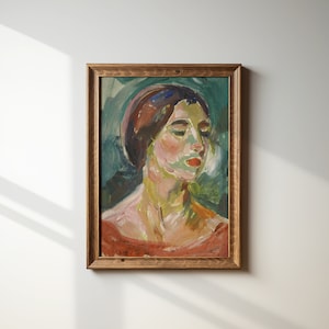 May include: A painting of a woman with dark hair and a red dress. The woman is looking down and her face is painted in a realistic style. The background is a green and blue abstract design.