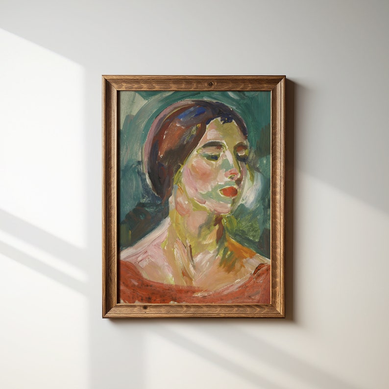 May include: A painting of a woman with dark hair and a red dress. The woman is looking down and her face is painted in a realistic style. The background is a green and blue abstract design.