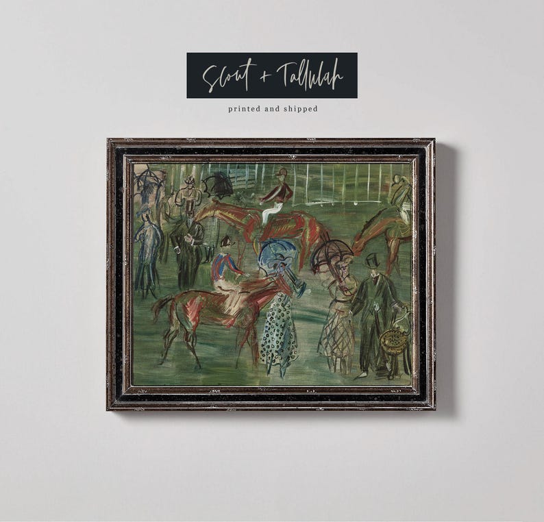 May include: A framed print of an impressionistic painting depicting a horse race scene. The artwork features horses, jockeys, and spectators in a green and brown color palette. The frame is dark with a textured design. The text "Scout + Tallulah" is at the top.