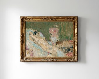 May include: An oil painting in a gold ornate frame. The artwork uses green, beige, and pink tones, with visible brushstrokes. The frame has detailed carvings. The painting is mounted on a white wall.