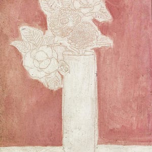 May include: A white line drawing of a bouquet of flowers in a clear glass vase against a pink background.