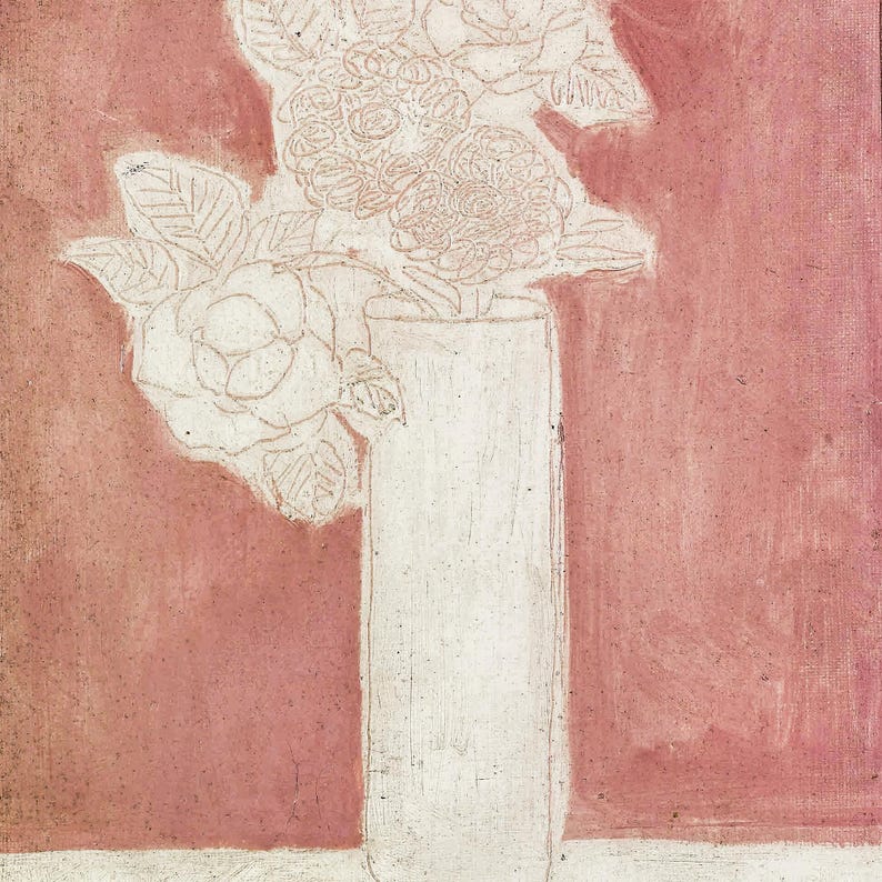 May include: A white line drawing of a bouquet of flowers in a clear glass vase against a pink background.