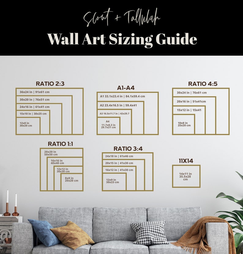 May include: Wall art sizing guide with dimensions in inches and centimeters. Includes ratios 2:3, 4:5, 1:1, 3:4, and 11x14, with sizes like 36x24 inches (91x61 cm), 30x20 inches (76x51 cm), and A1-A4 sizes. The guide is displayed on a wall above a gray sofa.