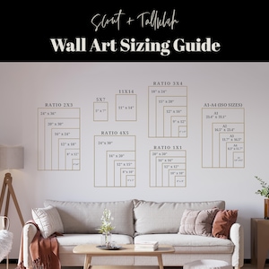 May include: A wall art sizing guide with a beige wall and a light brown couch. The guide shows different ratios of wall art sizes in inches, including 2x3, 3x4, 4x5, 5x7, 11x14, and 1x1. The guide also includes standard ISO sizes for paper, including A1, A2, A3, and A4.