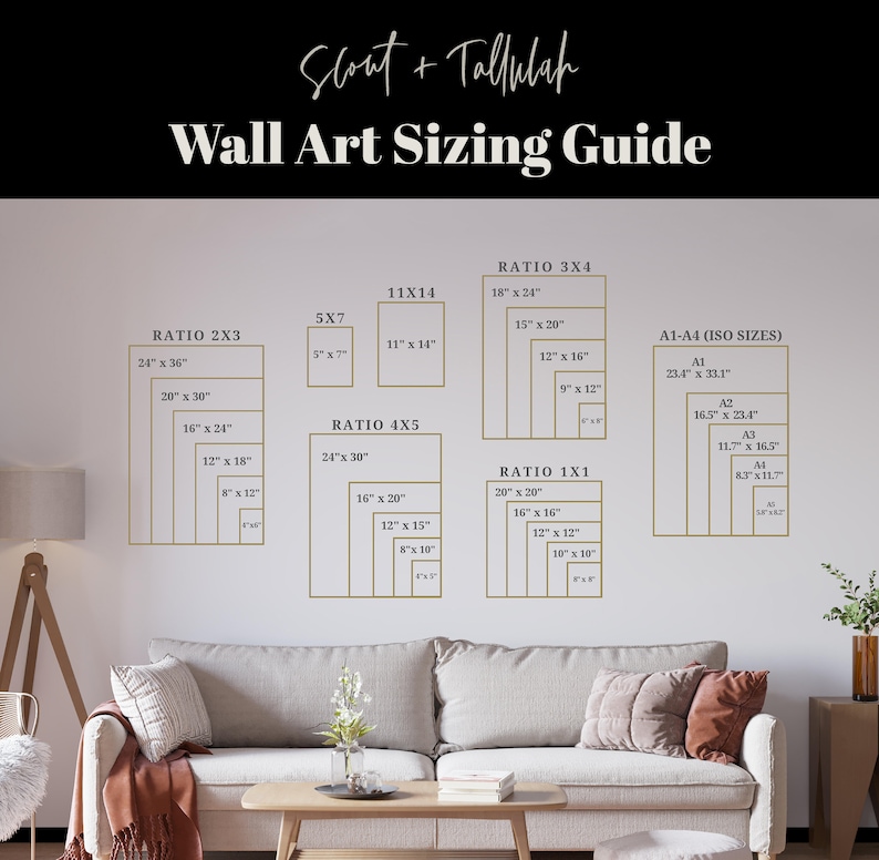 May include: A wall art sizing guide with a beige wall and a light brown couch. The guide shows different ratios of wall art sizes in inches, including 2x3, 3x4, 4x5, 5x7, 11x14, and 1x1. The guide also includes standard ISO sizes for paper, including A1, A2, A3, and A4.