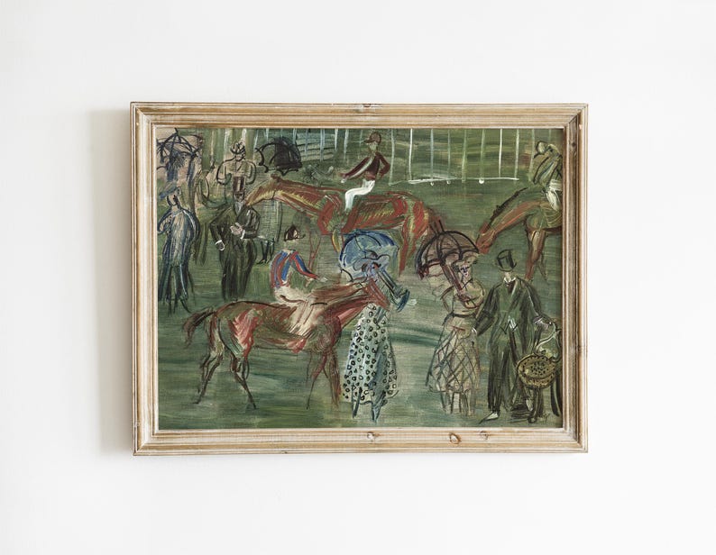May include: An abstract painting of a horse race scene, framed in a light wood. The artwork features horses, jockeys, and spectators with umbrellas, rendered in muted tones of brown, green, and blue. The style is reminiscent of impressionistic art.