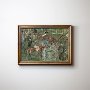 May include: An antique framed painting depicting a horse race scene. The artwork features horses, jockeys, and spectators in a stylized, impressionistic style. The frame is made of wood and has a warm, natural finish.