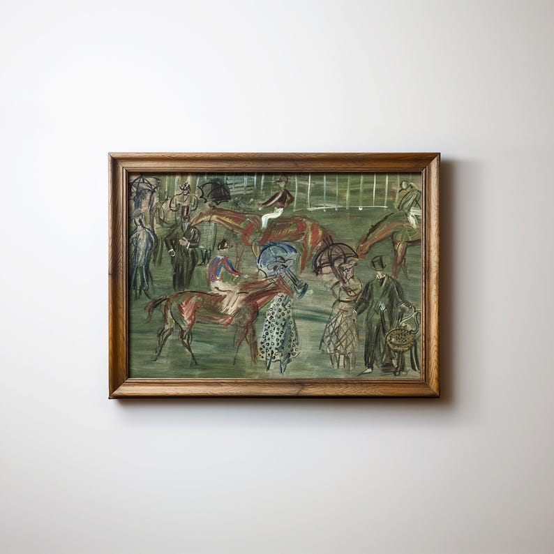 May include: An antique framed painting depicting a horse race scene. The artwork features horses, jockeys, and spectators in a stylized, impressionistic style. The frame is made of wood and has a warm, natural finish.
