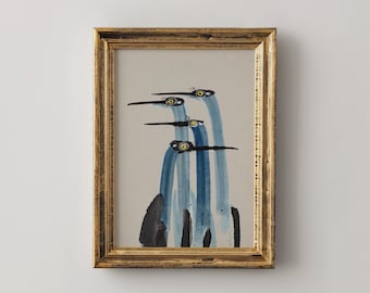 Blue Heron Painting Print, Vintage Coastal Bird Painting, Neutral Beach House Decor, Watercolor Heron Wall Art