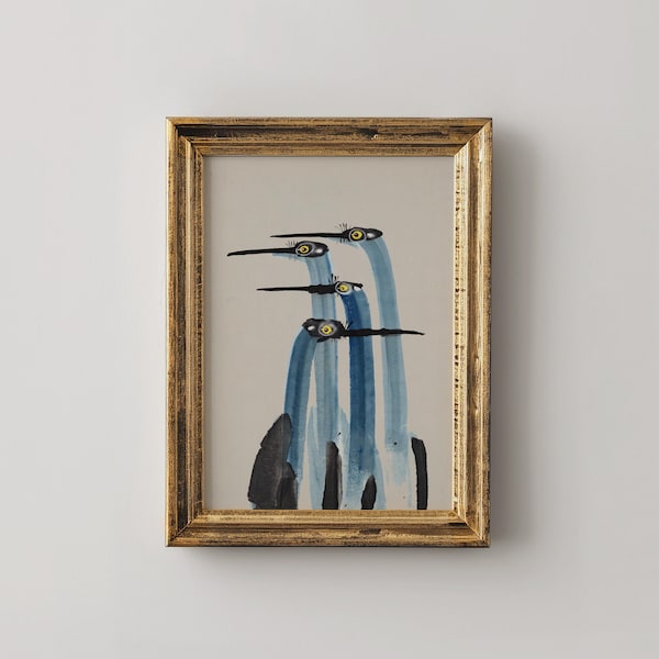Blue Heron Painting Print, Vintage Coastal Bird Painting, Neutral Beach House Decor, Watercolor Heron Wall Art