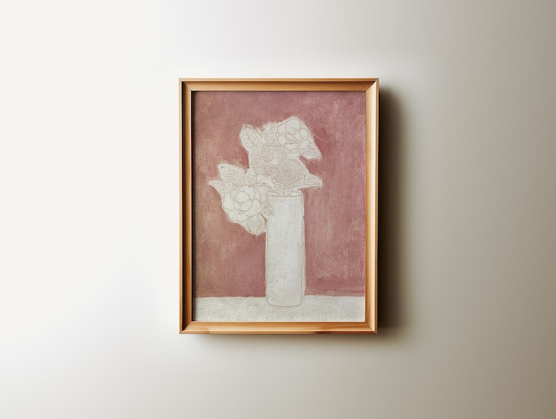 May include: A framed painting of a white flower arrangement in a white vase against a pink background.