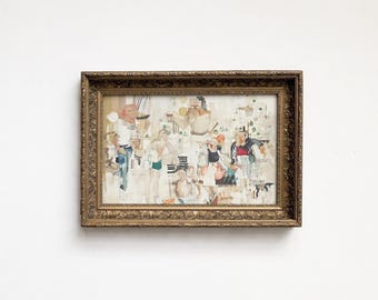 May include: An antique framed painting with a gold ornate frame. The artwork depicts a gathering of people in a restaurant or outdoor setting, with a muted color palette. The painting has a vintage aesthetic.