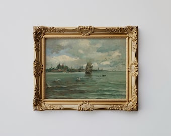 Vintage Sailboat Oil Painting Print: Nautical Coastal Cottage Wall Art