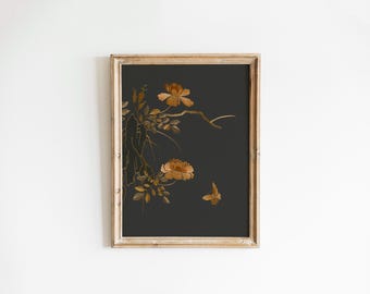 Moody Floral Wall Art | Vintage Botanical Printed Art | Laundry Room Decor | Dark Floral Textile Wall Decor | Shipped Wall Art