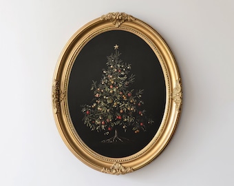 Moody English Country Christmas Tree Art Print, Neutral Cottagecore Wall Decor, Holiday Still Life