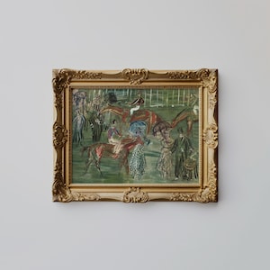 May include: An antique, framed painting depicting a horse race scene. The artwork features horses with riders, spectators, and umbrellas, rendered in a loose, expressive style. The frame is ornate, with a gold finish, adding to the vintage aesthetic.