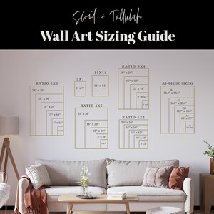 May include: A wall art sizing guide with a beige background and gold text. The guide shows different ratios of wall art sizes, including 2x3, 3x4, 4x5, 1x1, 5x7, and 11x14. The guide also includes standard ISO sizes, such as A1, A2, A3, and A4.