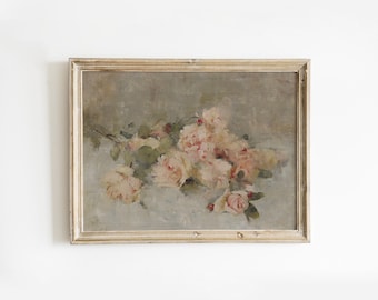 Muted Pink Roses Vintage Floral Still Life Print, Antique Botanical Wall Art