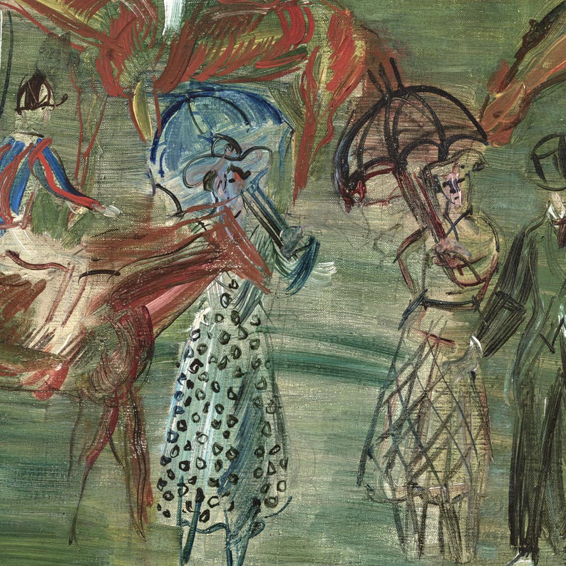 May include: An impressionistic painting depicts figures with umbrellas and hats in a park setting. The artwork uses a palette of greens, reds, and blues, with visible brushstrokes. The style suggests a focus on capturing the essence of a scene rather than precise detail.