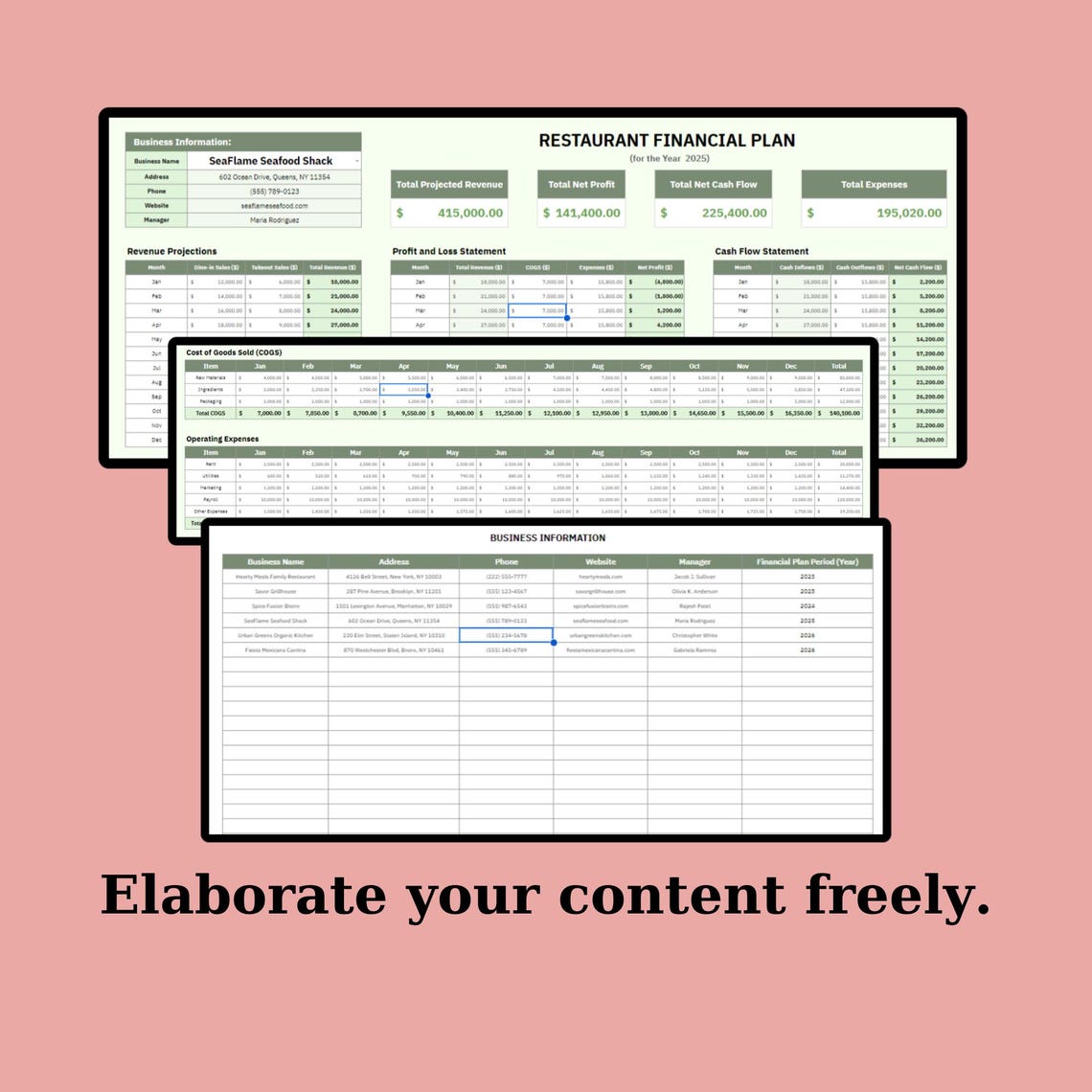 Restaurant Financial Plan Template – Google Sheets Editable Spreadsheet ...