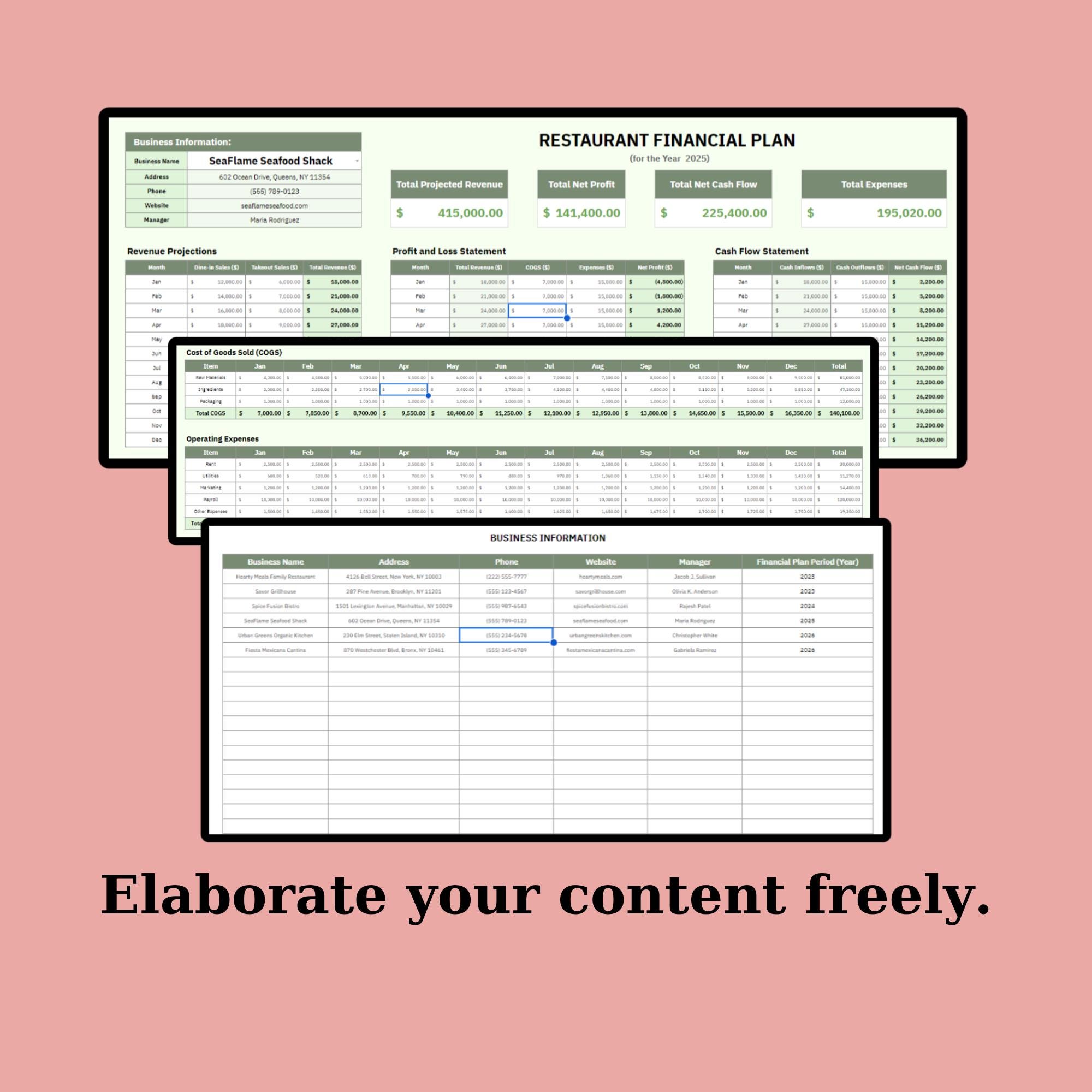 Restaurant Financial Plan Template – Google Sheets Editable Spreadsheet ...