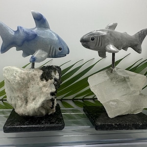 Blue Aventurine & Gray Shark Figurines on Quartz Bases – Unique Crystal Carvings, Coastal and Nautical Decor, Shark Gifts for Collectors