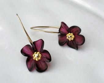 Lucite Flower Earrings Deep Red Wine Gold Filled or Sterling Silver Botanical Jewelry