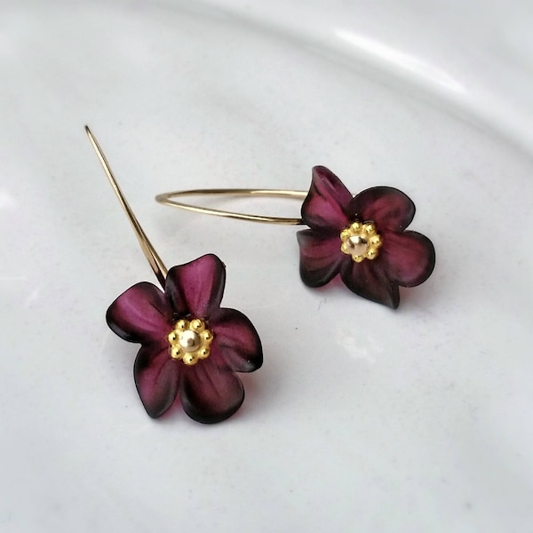 Lucite Flower Earrings Deep Red Wine Gold Filled or Sterling Silver Botanical Jewelry