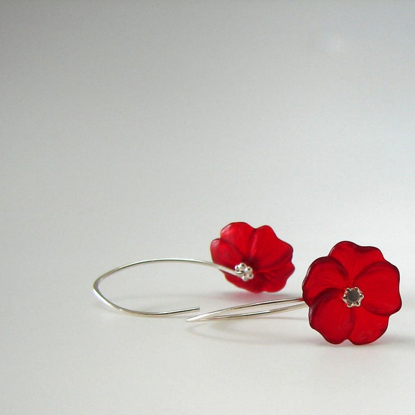 Lucite Flower Earrings - Crimson Red with Sterling Silver