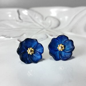 Dark Blue Lucite Flower Stud Earrings Botanical Jewelry Gold Filled or Sterling Silver