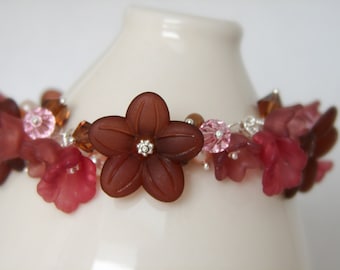 Lucite Flower Charm Bracelet Brown & Pink on Sterling Silver