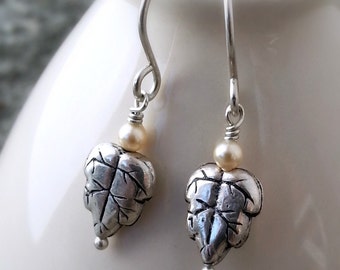 Silver Leaf Dangle Earrings Fall Autumn Sterling Silver Petite Dangles